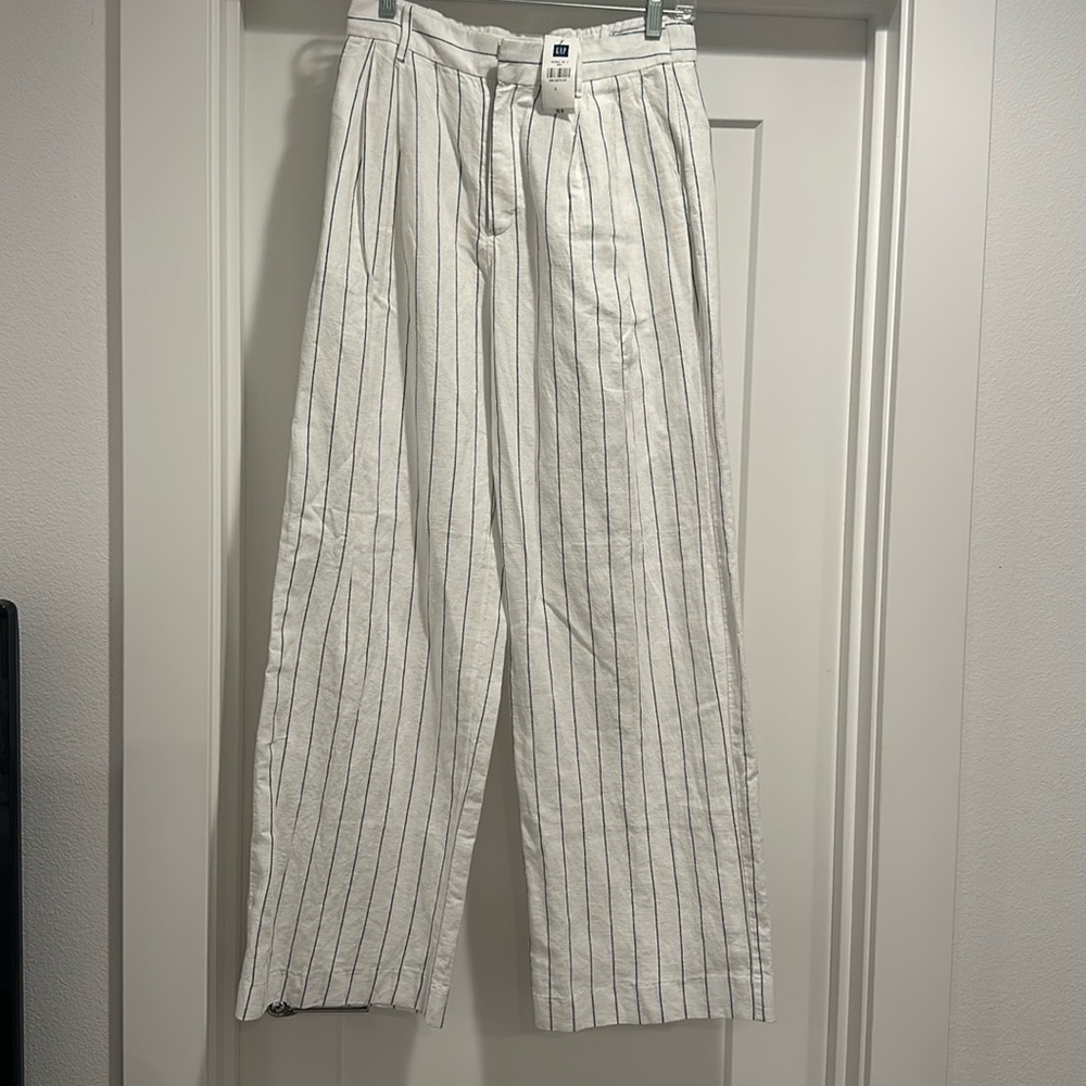 GAP White Linen Wide-Leg Pants with Navy Pinstripes NWT